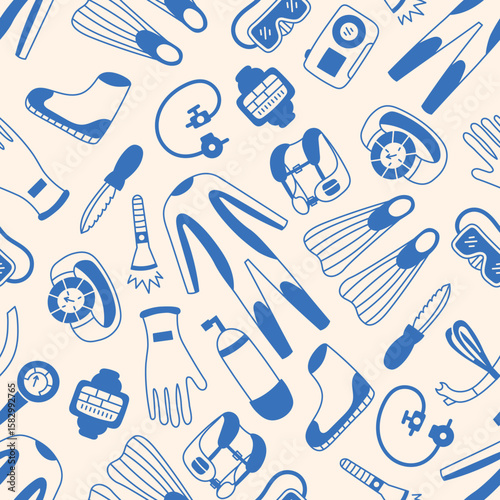 Scuba Diving Gear Seamless Pattern. Hand drawn equipment and items background in doodle line style. Repeat vector illustration