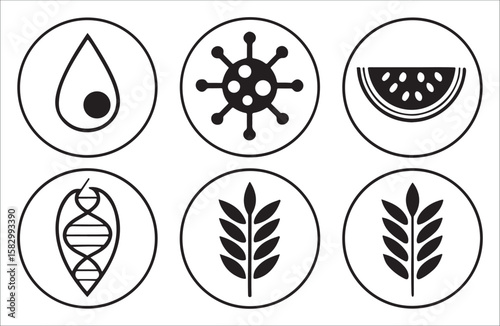 Icons representing science health and food droplet