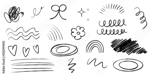 Collection of hand-drawn scribbles, swirls, hearts, sparkles, and doodles in charcoal style. Great for notes, collages, digital scrapbooks and playful compositions.