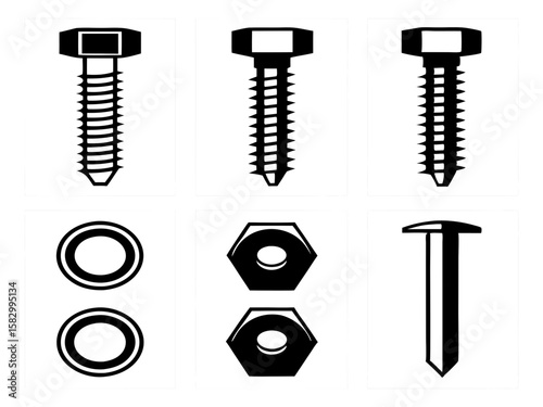Collection of black and white icons representing fasteners and hardware