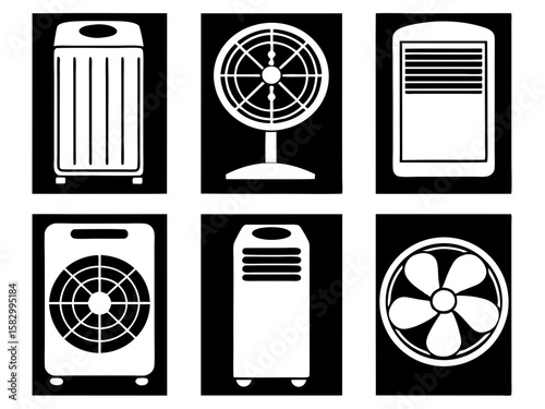 Collection of white fan and air conditioning unit icons on a gray background