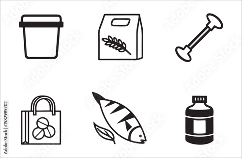 Six simple black and white icons of food and health items