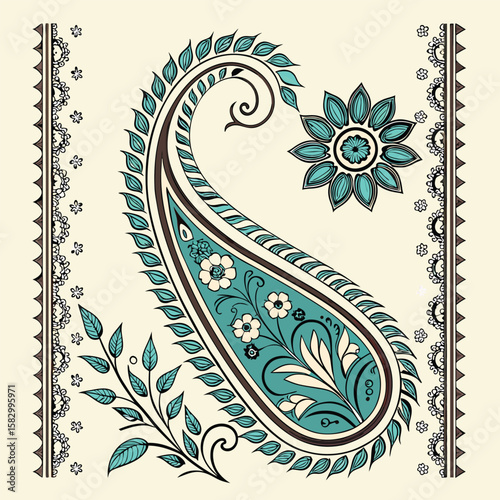 Artistic floral paisley design with turquoise and brown elements and decorative borders on a white surface