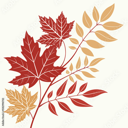 Beautifully illustrated autumnal leaves in shades of red and gold with transparency