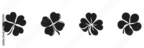 Four-Leaf Clover Silhouette Set. Symbol Of Luck And Fortune Collection. Isolated Vector Illustration