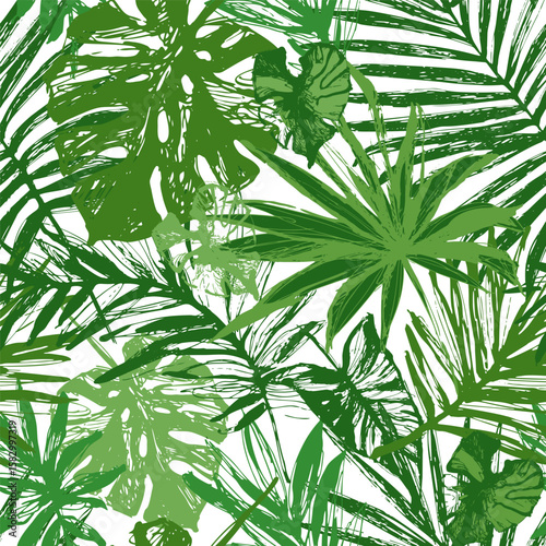 Hand drawn tropical leaves background in greenery colors. Green palm monstera...
