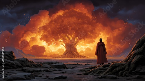Figure in red robe gazes at giant tree amidst fiery sky and smoke