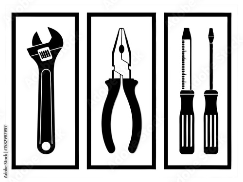 Collection of black and white silhouettes of essential hand tools
