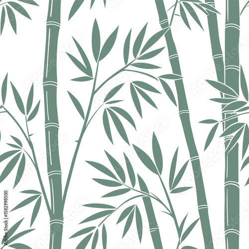 Decorative botanical illustration of bamboo stalks and leaves seamlessly repeating across a white background