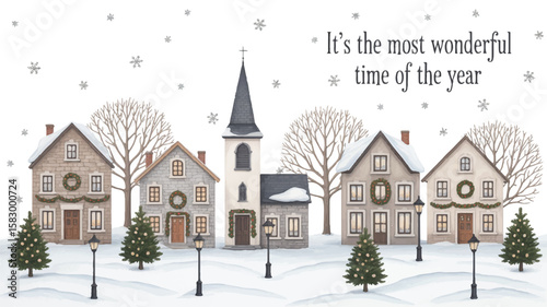 Cozy winter village with festive decorations snow christmas trees
