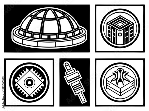 Collection of stylized geometric icons featuring architectural and mechanical elements