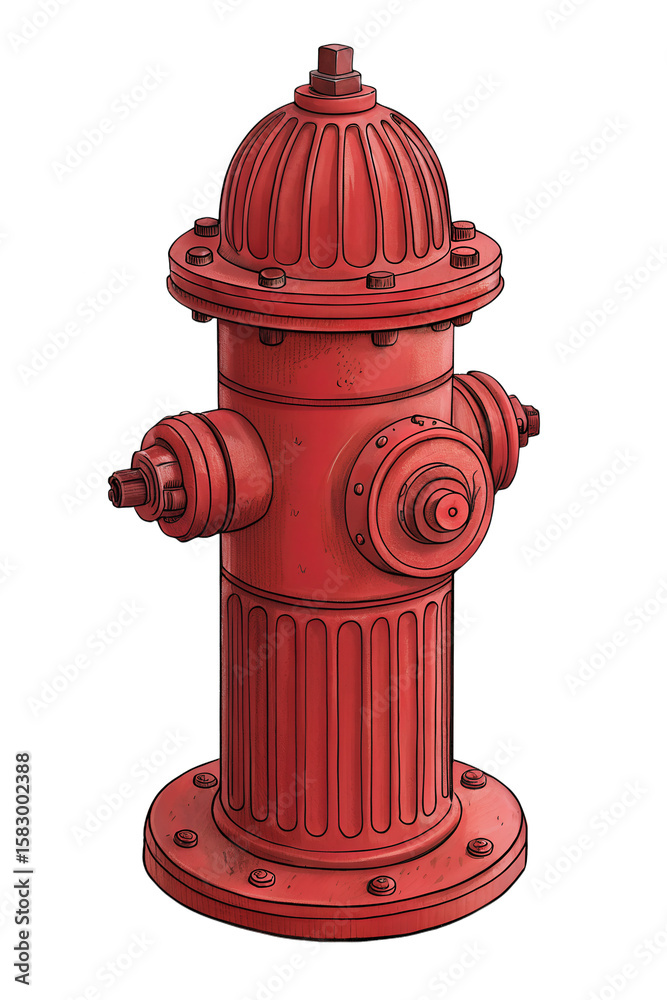 A digital illustration of a classic, red fire hydrant. It features a domed top, several bolt details, and two spouts with their respective caps, all rendered with a somewhat textured. A digital illustration of a classic, red fire hydrant. It features a domed top, several bolt details, and two spouts with their respective caps, all rendered with a somewhat textured.