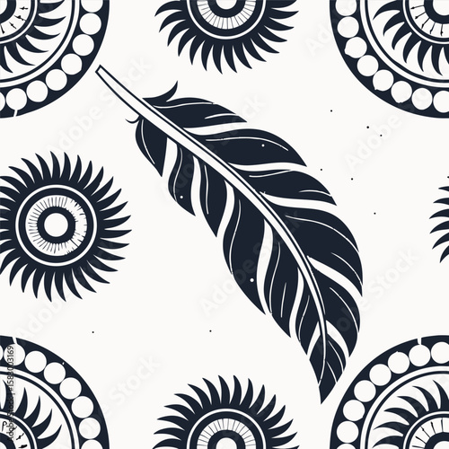Decorative seamless pattern featuring feathers and geometric circular elements in a minimalist design