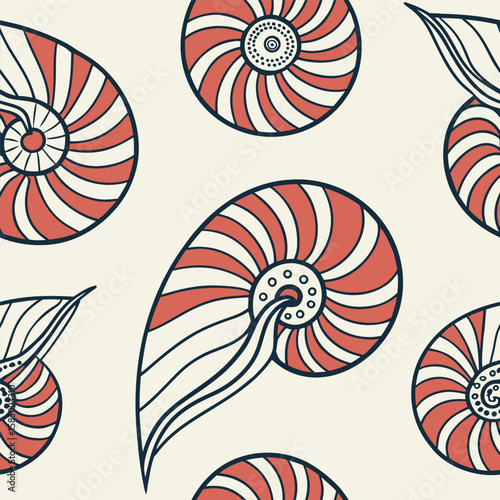 Decorative seamless pattern featuring hand drawn conch shells in a retro inspired color palette