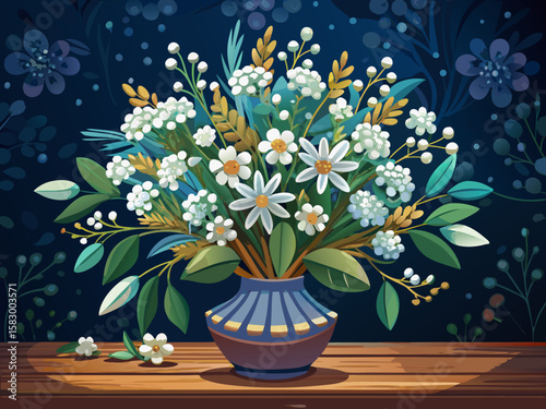 vector of Decorated bouquet for gift to friend with tiny white flowers on wooden table, dark background