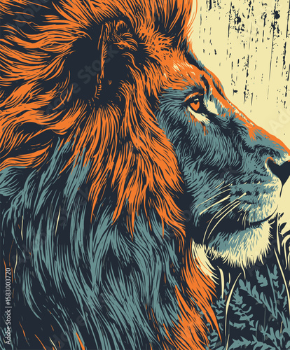 Intense Blue and Orange Lion Staring
