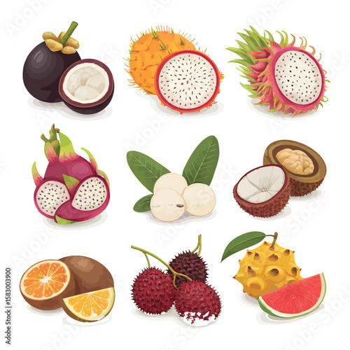 Assortment of exotic fruits including mangosteen dragon fruit and lychee
