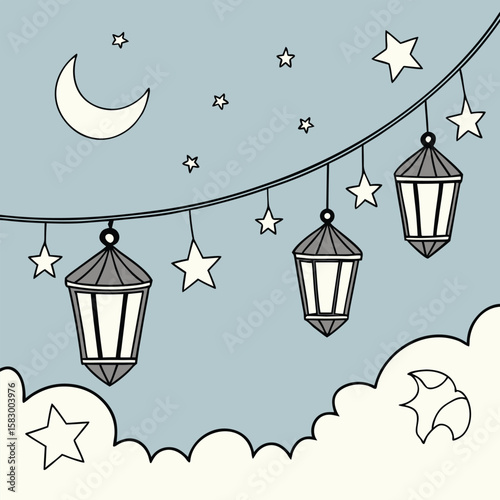 Decorative vector illustration of lanterns stars and crescent moon on a pastel blue sky background