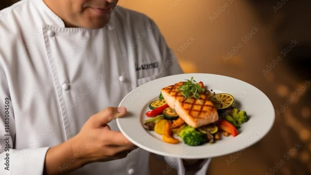 Chef Presenting Delicious Salmon Dish Chef Presenting Delicious Salmon Dish