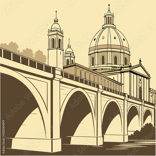 Elegant architectural illustration depicting a classic bridge and building on a transparent background