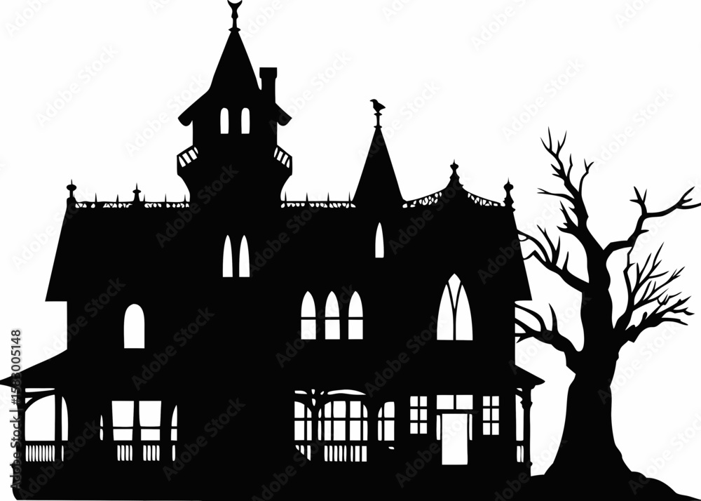 Obraz premium Haunted House Silhouette with Spooky Tree