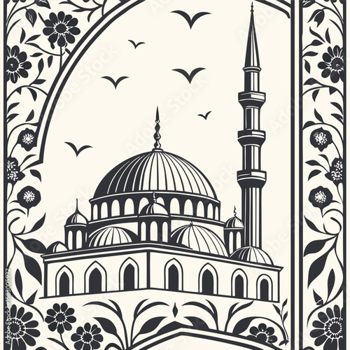 Elegant black and white islamic mosque illustration surrounded by floral elements and flying birds