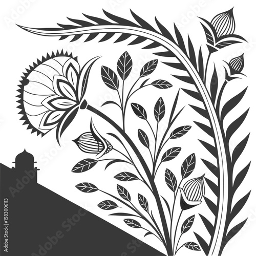 Elegant black floral design featuring leaves and flowers in a graceful botanical arrangement