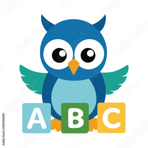 Cute blue cartoon owl with abc blocks for early childhood education