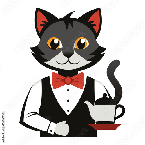 Friendly cartoon cat waiter wearing a tuxedo and bow tie serving tea