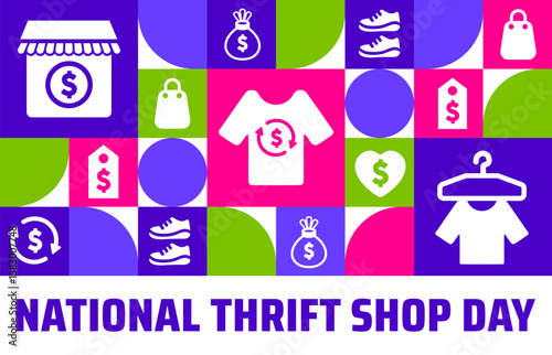 National Thrift Shop Day Geometric shape pattern background, banner or poster design template. observed every year in August. Holiday concept. Use to any Template, card, poster, placard, template.