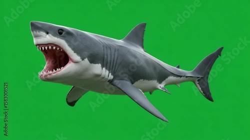 Ocean Predator: A menacing great white shark, its jaws agape, swims fiercely against a vibrant green backdrop, showcasing its raw power and predatory nature.