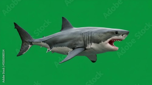 Majestic Marine Predator: A captivating studio shot of a great white shark against a vibrant green backdrop, showcasing its powerful presence and razor-sharp teeth.