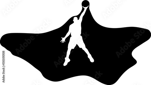 Silhouette of basketball player reaching for the ball with black abstract shape in the background design