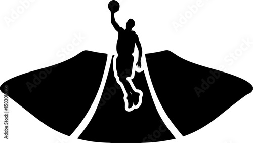 Silhouette of a basketball player dunking the ball over a stylized court with wings on either side