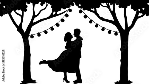 Silhouette of a couple dancing under trees decorated with string lights in black and white illustration