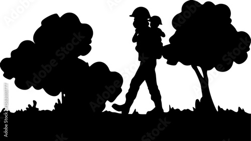 Silhouette of soldier carrying a child through a field with trees and bushes in black and white style