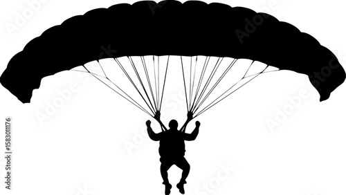Silhouette of a person skydiving with a parachute in black and white illustration style image view
