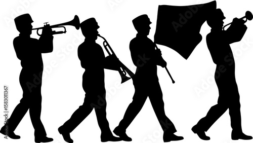 Silhouette of marching band members playing trumpets and carrying a flag in a parade formation line up