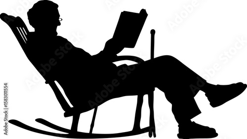 Silhouette of a man sitting in a rocking chair reading a book with a cane next to him in black and white