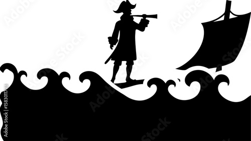 Silhouette of a pirate with telescope on waves next to a ship with a sail on a white background