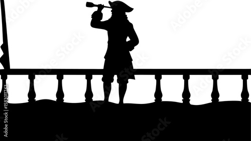 Silhouette of a pirate with a spyglass standing on a ship deck against a white background looking out