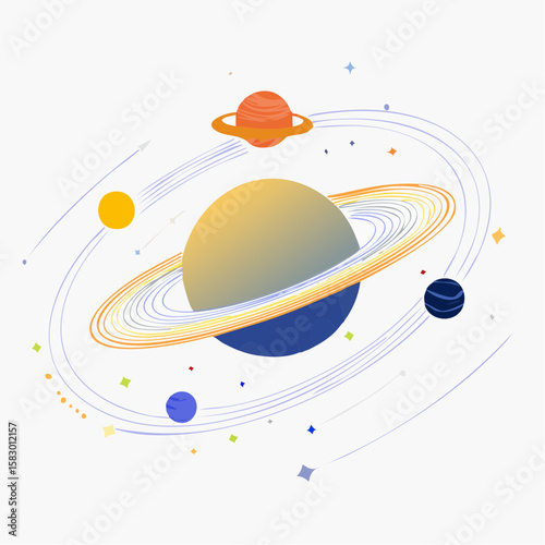 Illustration of a solar system with planets orbiting a central planet with rings, set against a white background.