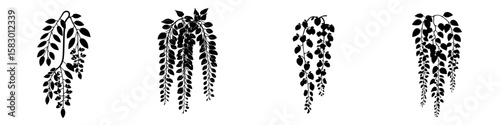 Elegant black icons featuring cascading foliage in various designs suitable for nature-themed projects