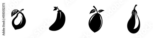 Black icons of various vegetables with a minimalist design and emphasis on shape and form in a monochromatic style