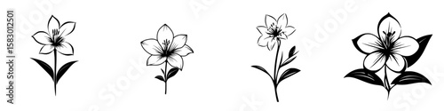 Black floral icon set featuring various flower designs arranged in a row with differing styles and details