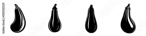 Black icon collection of assorted eggplants in a minimalist style on a clean background
