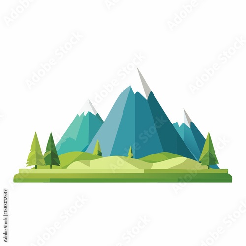A stylized illustration of a mountain range with trees and grassy hills.
