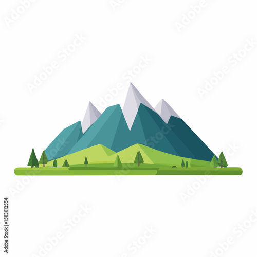 Stylized illustration of mountain peaks with snow caps, green hills, and small trees against a white background.