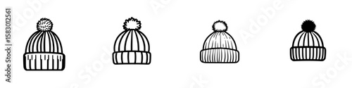 Stylish black hats with pom poms designed for winter fashion in a minimalist art style