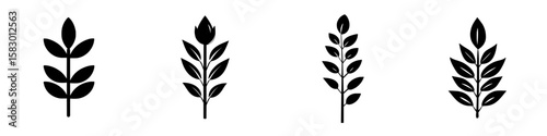 Various black icons depicting stylized plants with different leaf and flower designs arranged in a horizontal line